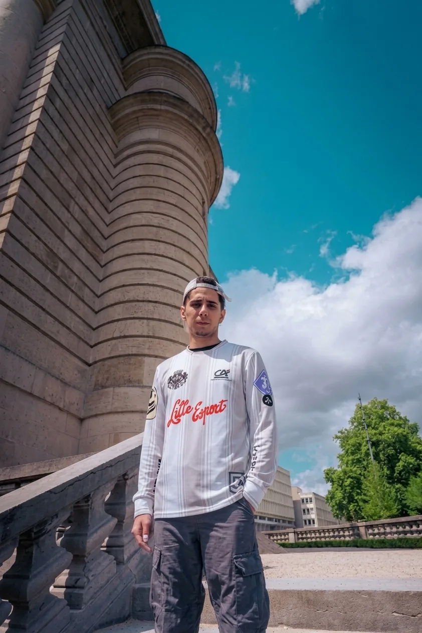 Un joueur de Lille Esport en maillot anniversaire devant un bâtiment en pierre, sous un ciel bleu.